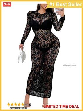 Long Sleeve Lace Maxi Dress Sheer Overlay Evening Gown